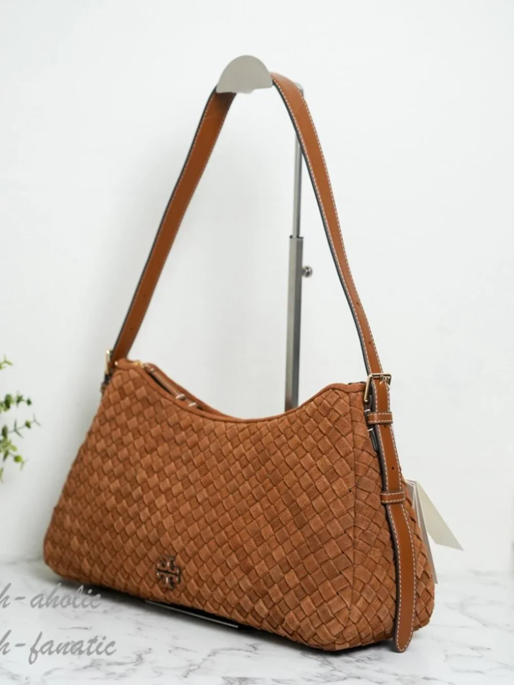 Tory Burch Thea Woven Suede Zip Top Shoulder Bag in Chicory Brown NWT